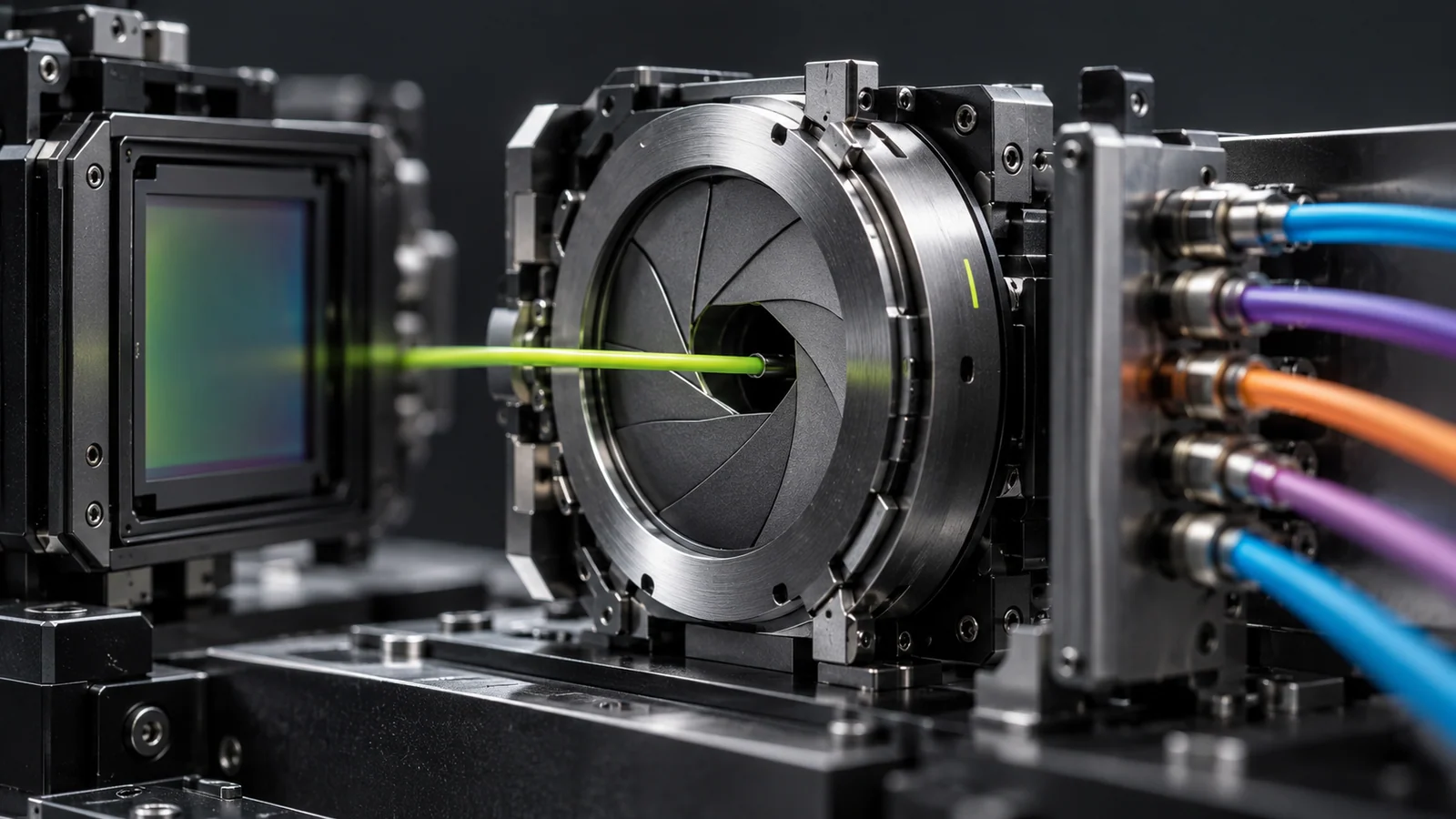 A laboratory aperture controlling access between optical fibers and a sensor.