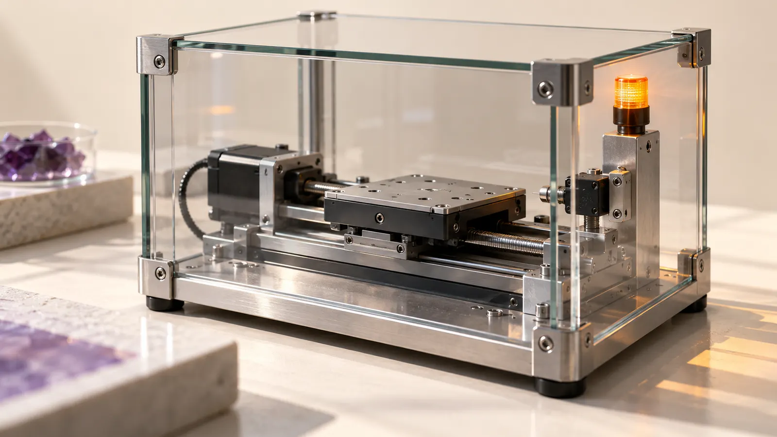 A laboratory translation stage inside a clear safety enclosure with an amber indicator.