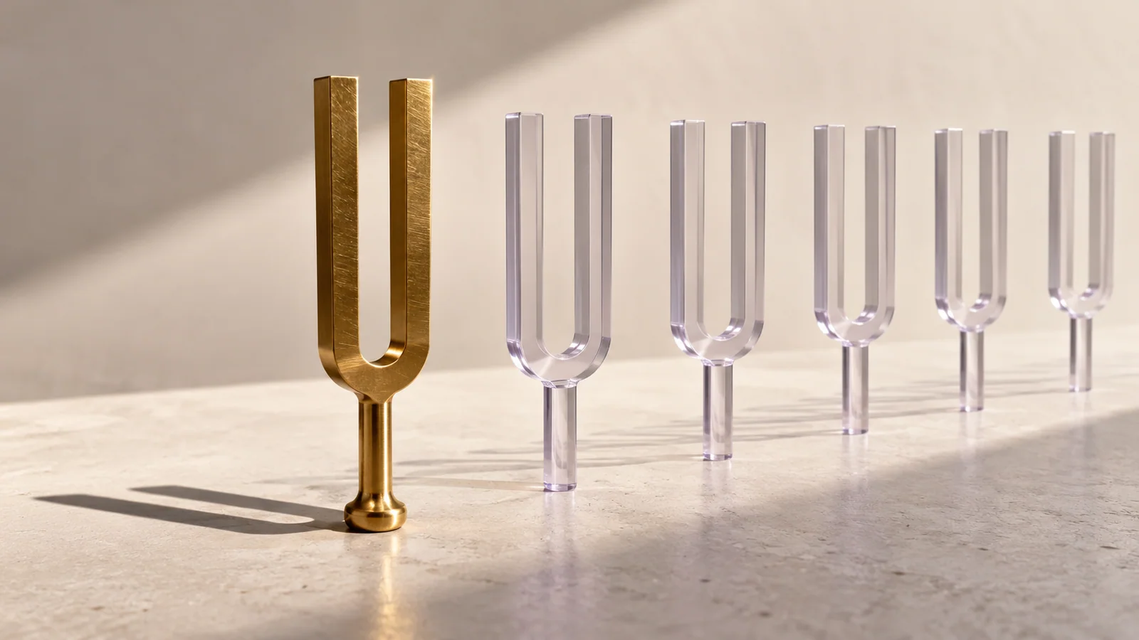 A brass tuning fork beside translucent replicas, illustrating authentic and manufactured signals.