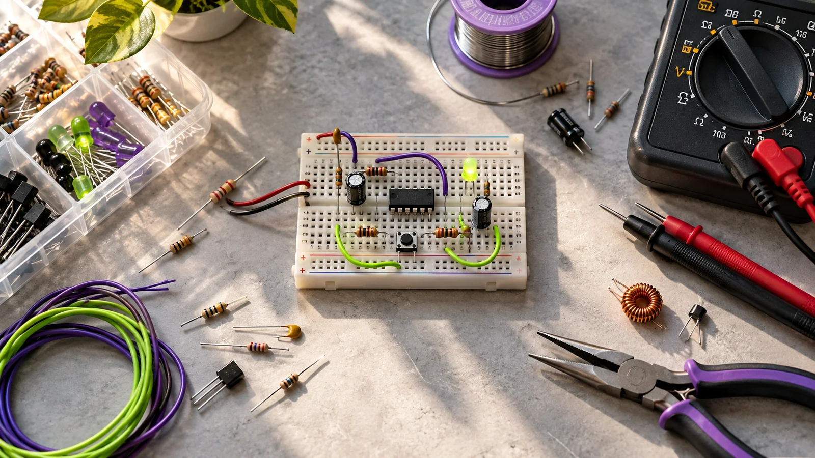 An electronics learning kit with components and a completed breadboard circuit.