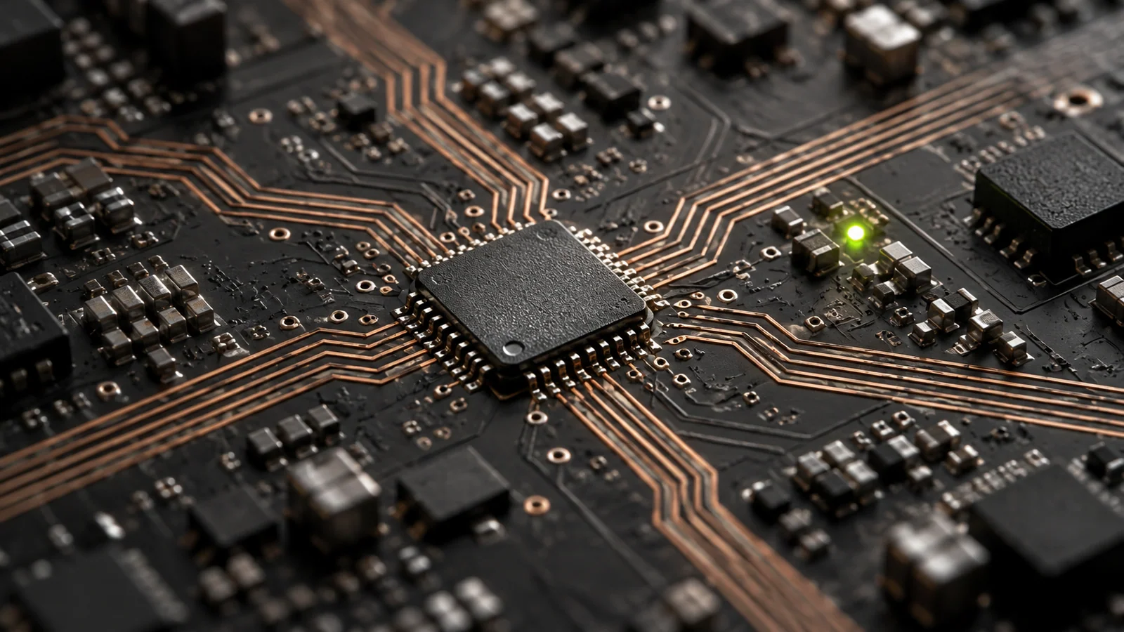 A compact silicon processor with copper pathways on a dark circuit board.