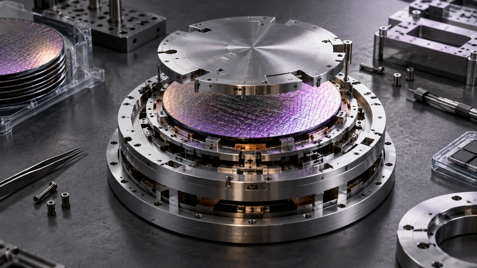 Precision components arranged into a modular assembly on a laboratory bench.