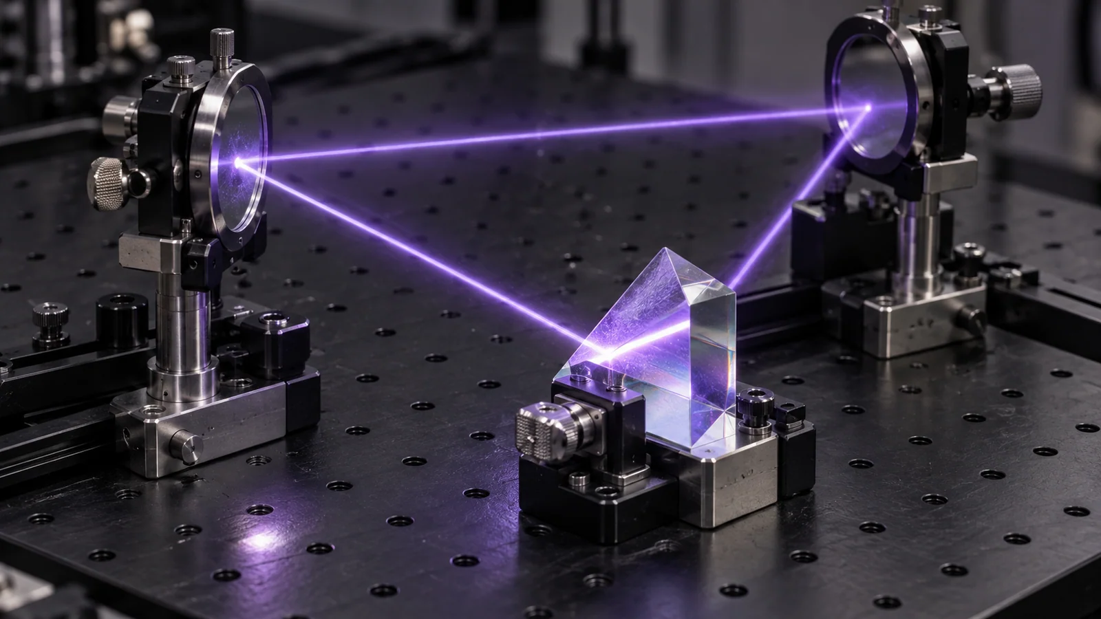 An optical bench with mirrors and a prism forming a feedback loop.