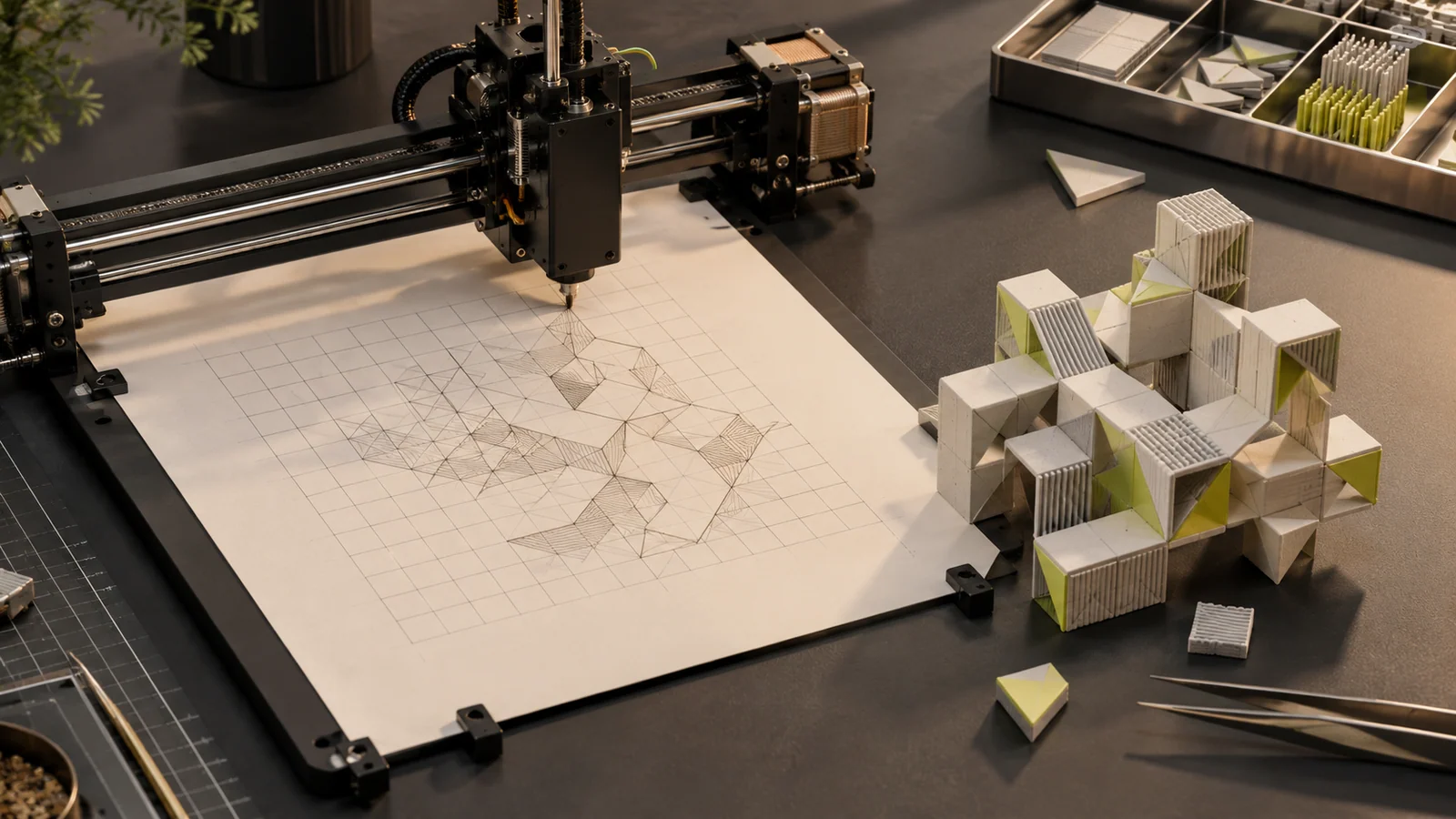 A small mechanical plotter beside a grid and modular prototype.