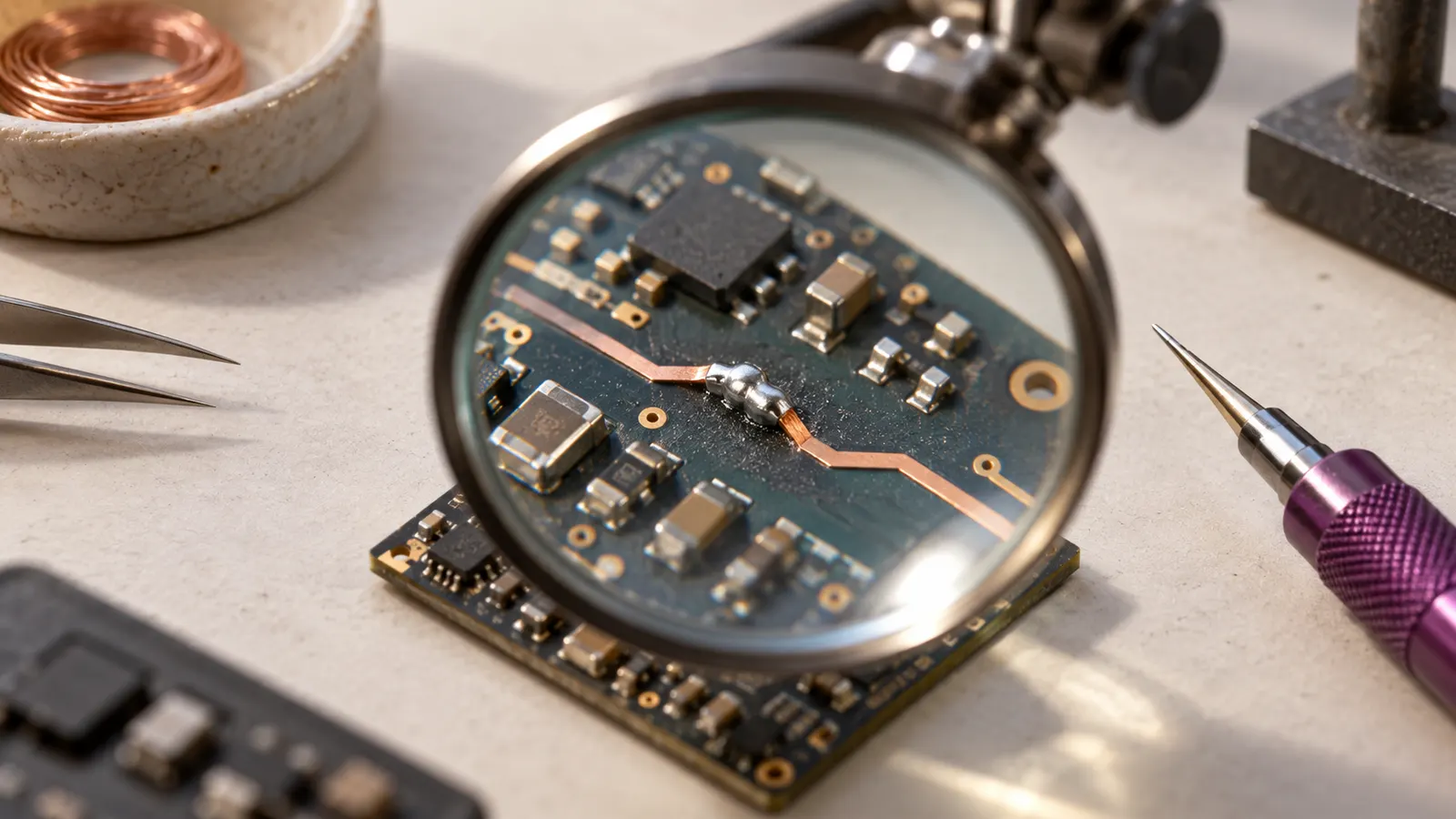 A repaired copper trace on a circuit board viewed through a magnifying lens.