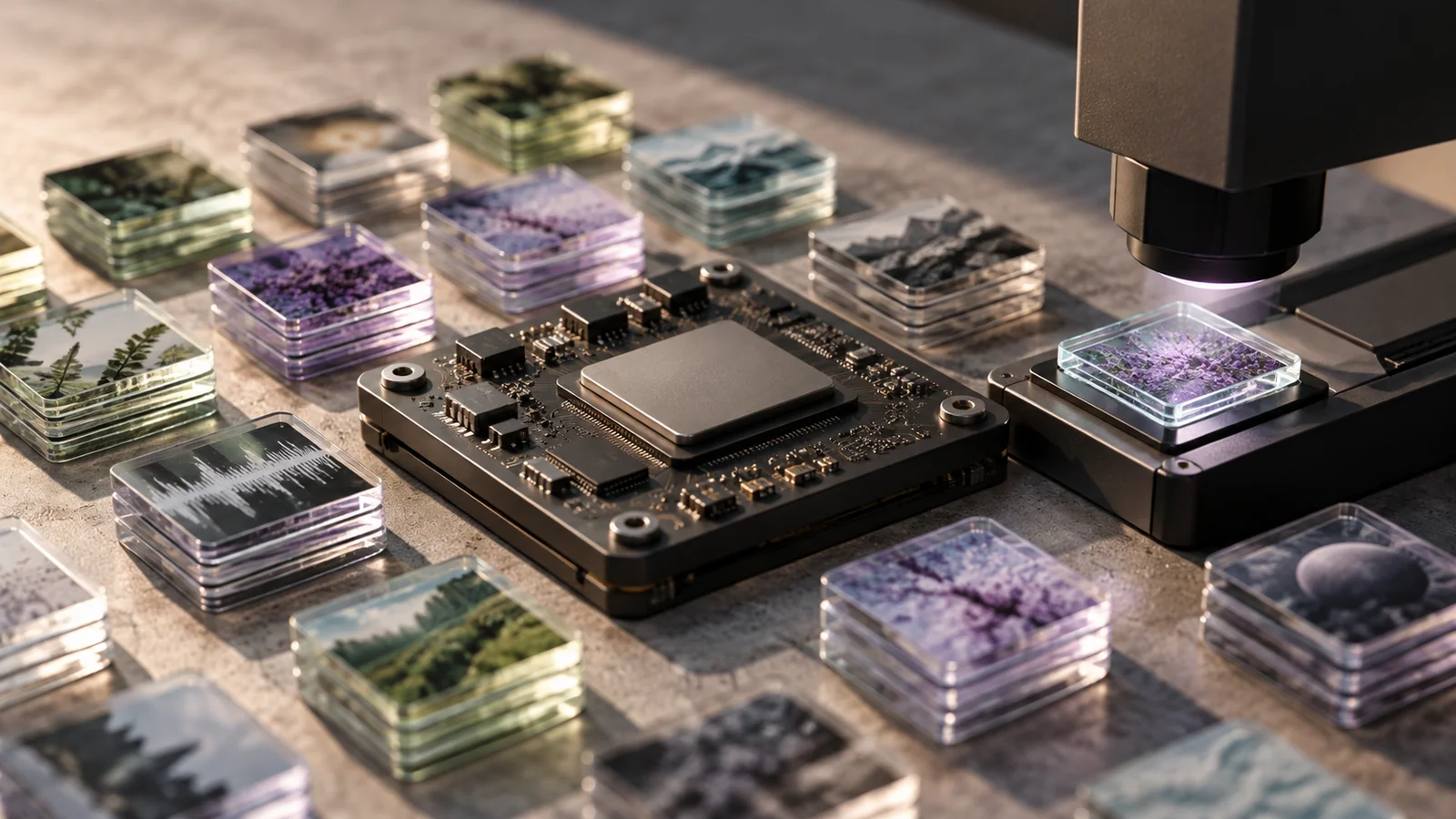 A local storage circuit with grouped glass sample tiles and an optical reader.