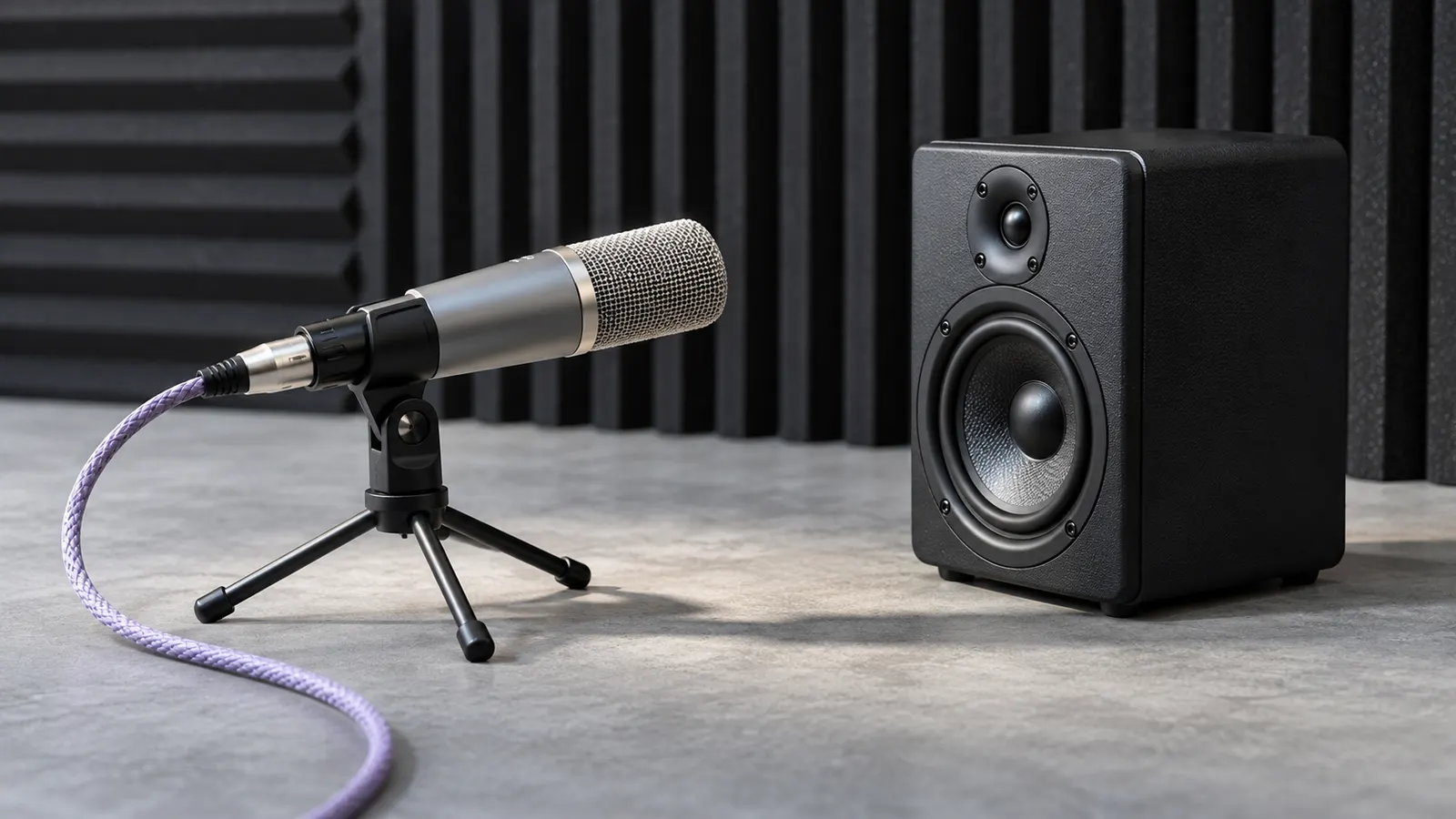 An unbranded microphone facing a speaker on an acoustic testing bench.