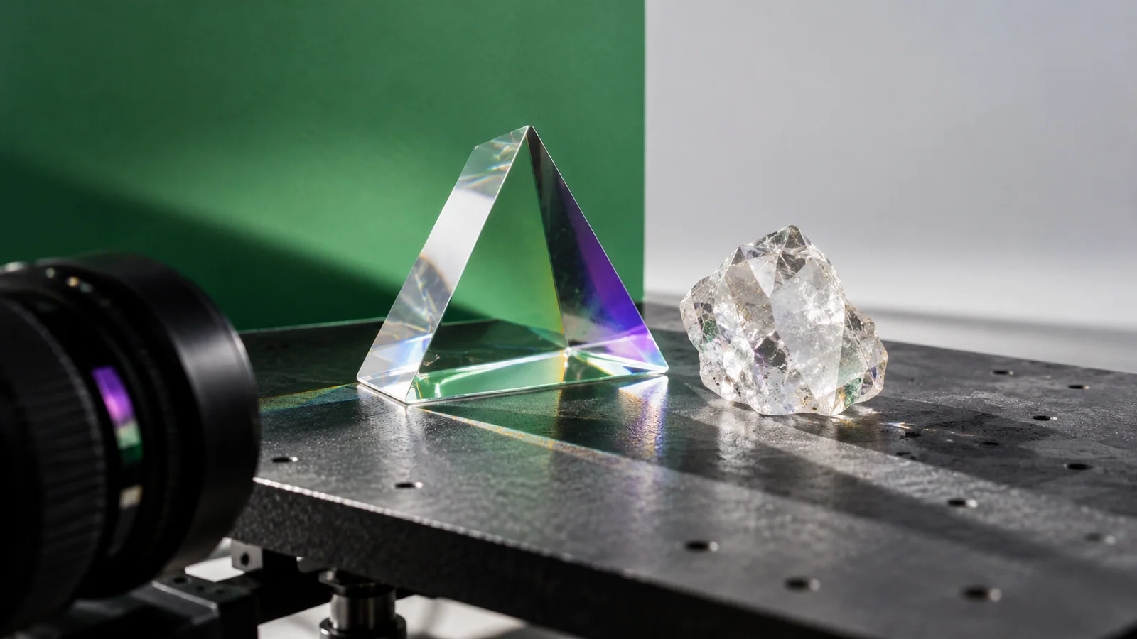 A crystal specimen on a stage with its green background plate partially removed.