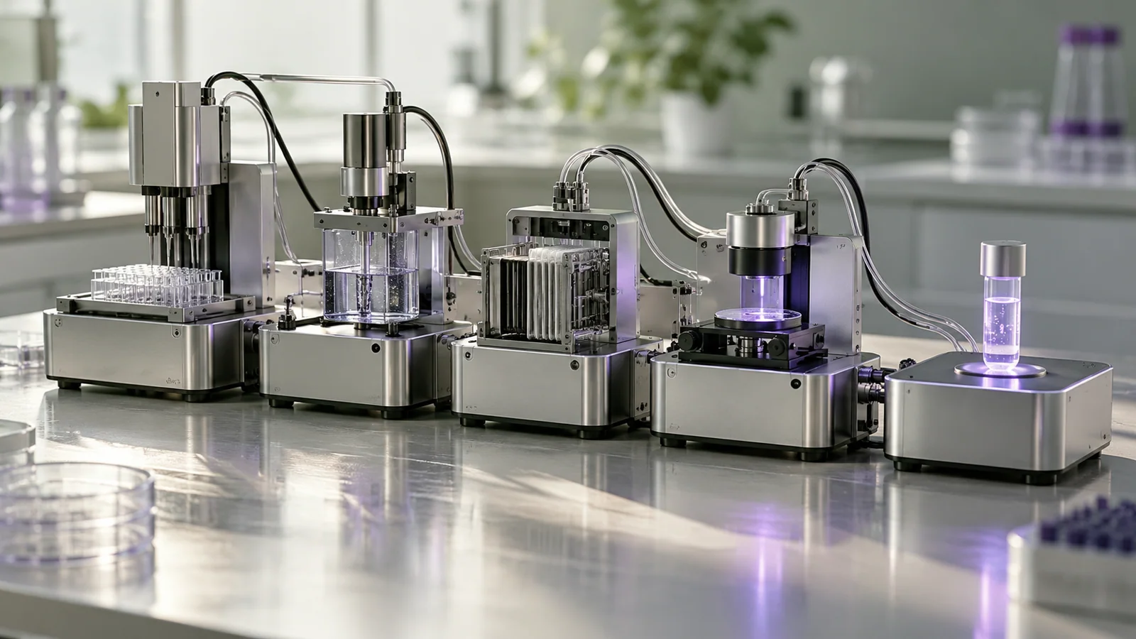 A laboratory automation setup ending in an illuminated sample vial.