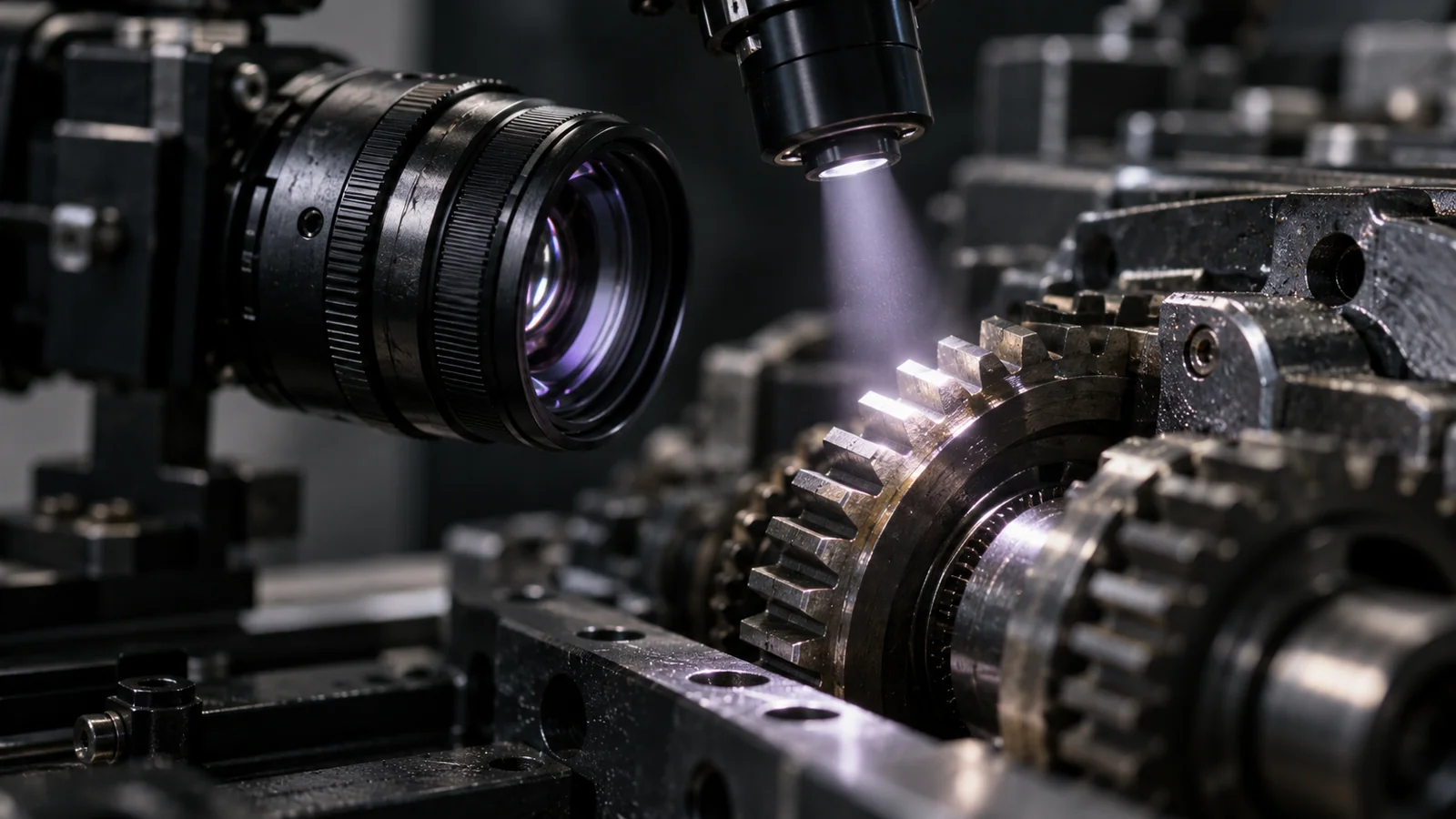 An optical inspection lens illuminating one detail in a mechanical assembly.