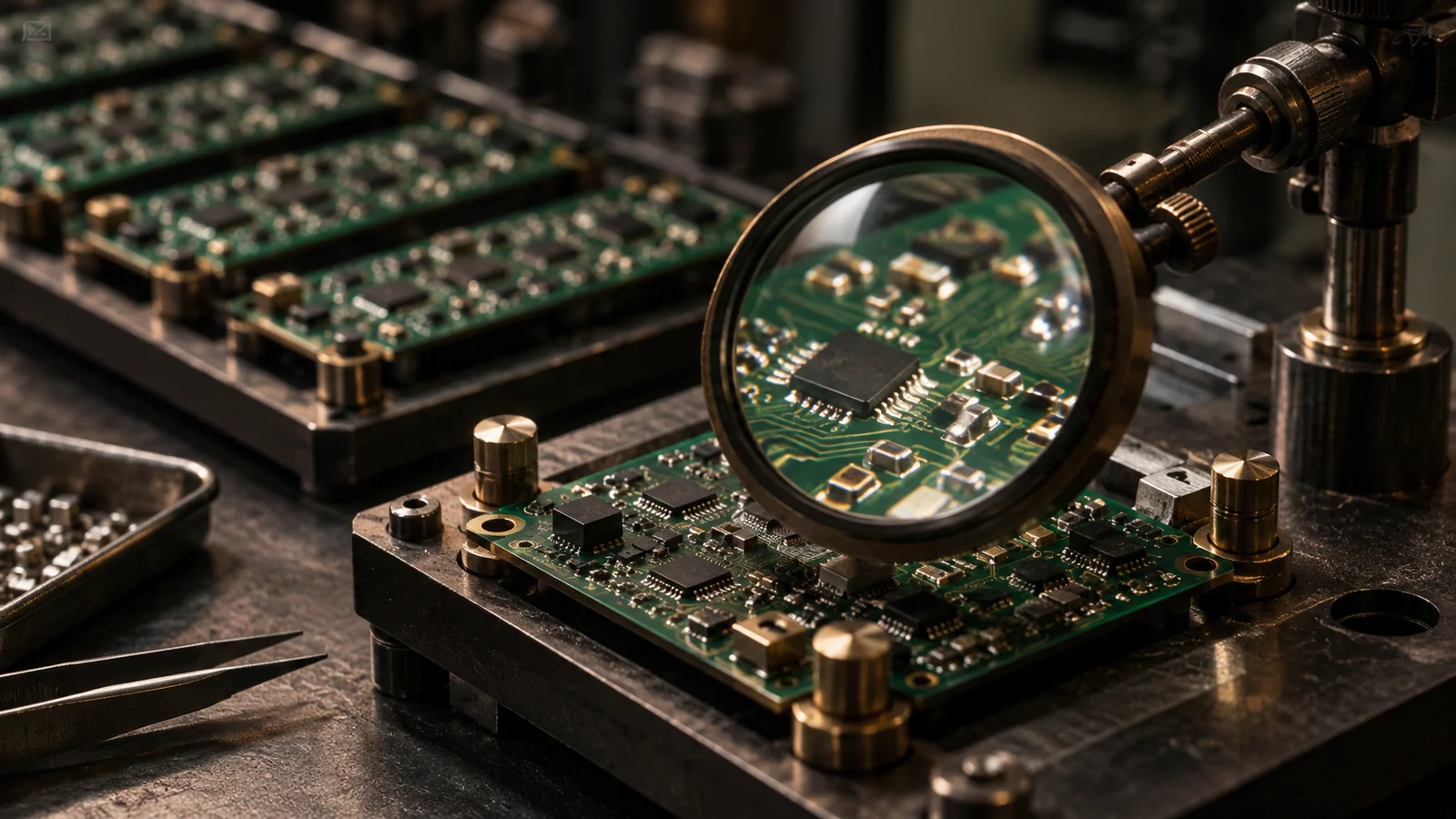 A circuit board inspected through an optical lens beside comparison samples.
