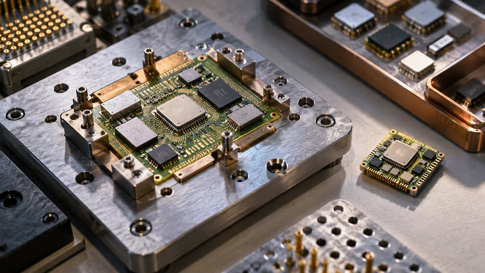 Interchangeable chip modules arranged on a test fixture beside a finished small circuit.