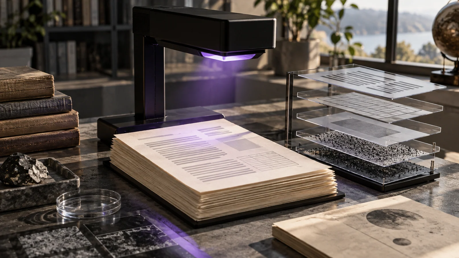 An optical scanner over document sheets and transparent layout separators.