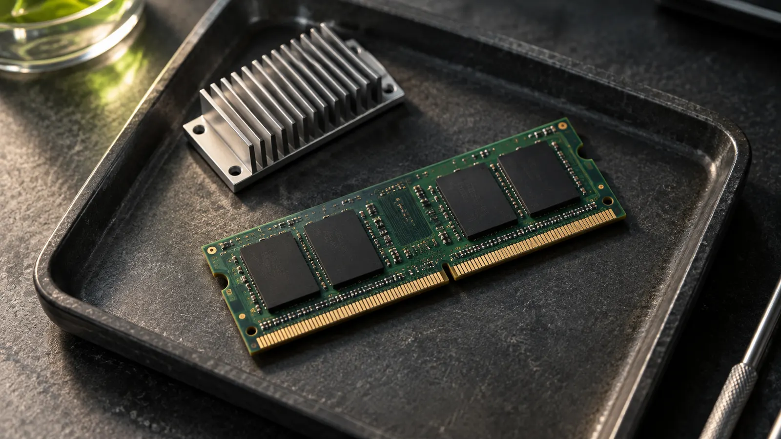 A memory module and aluminum heat sink on a graphite laboratory tray.