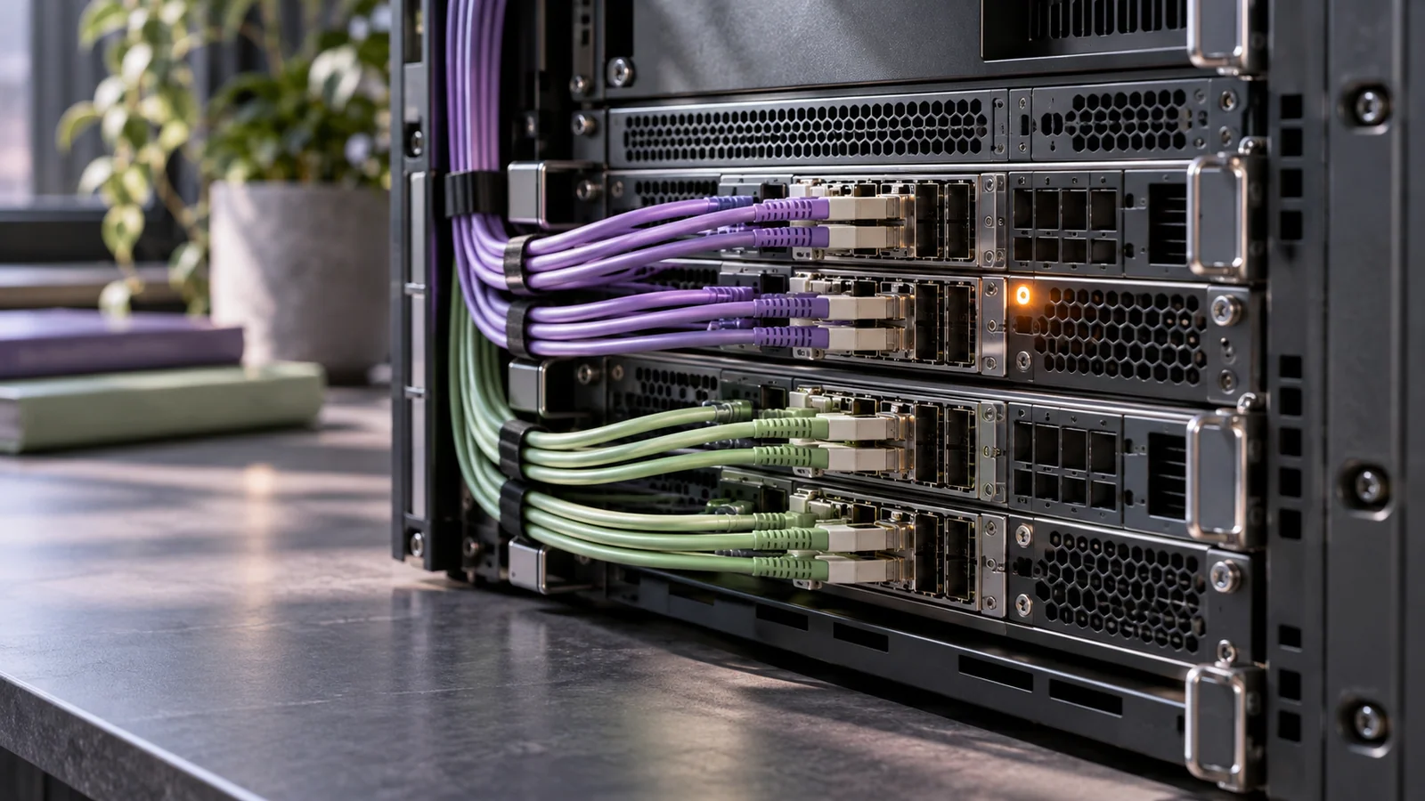 A modular electronics rack with neatly routed fiber cables and an amber status light.