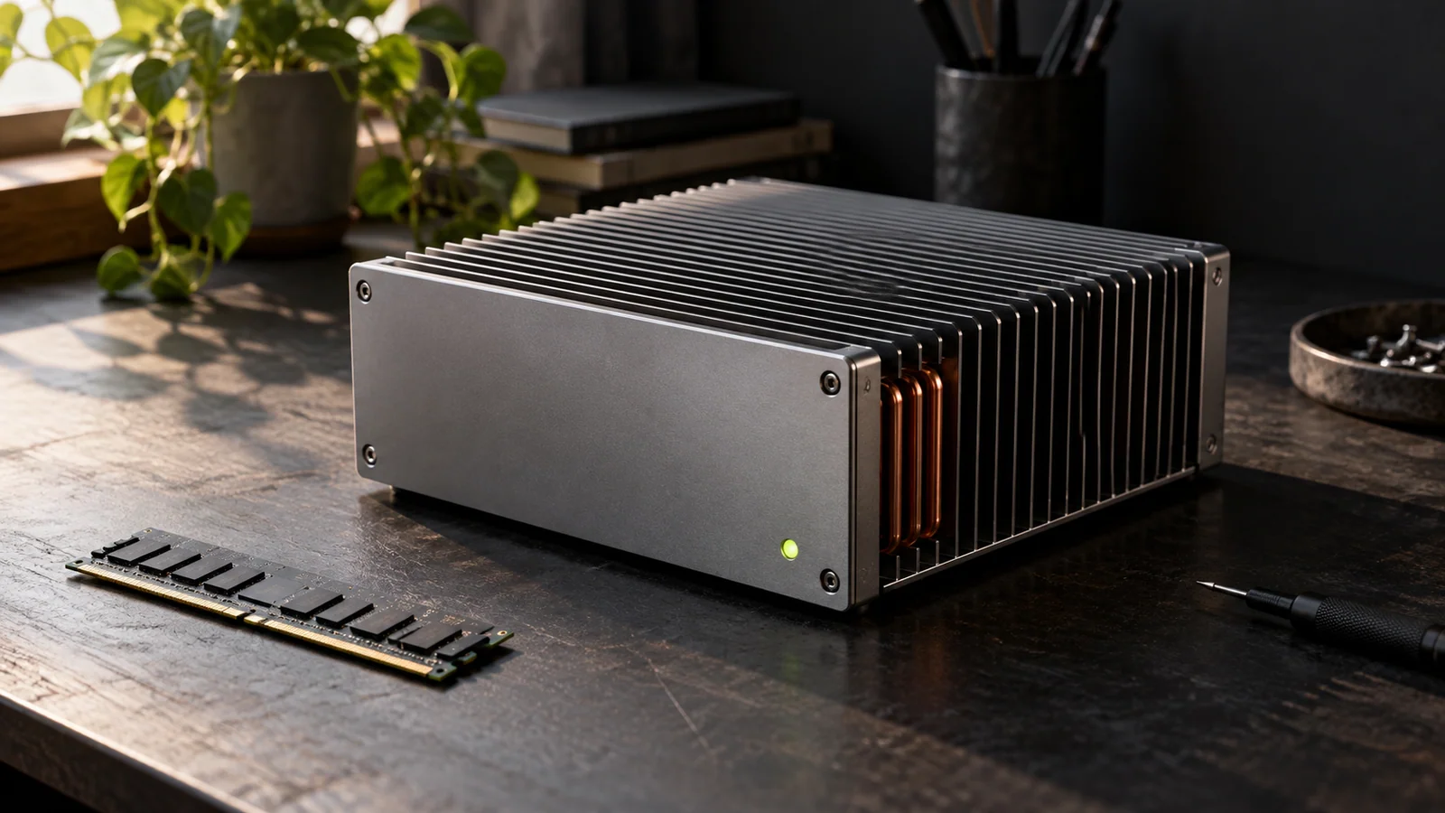 A compact computing chassis with cooling fins and a memory module.
