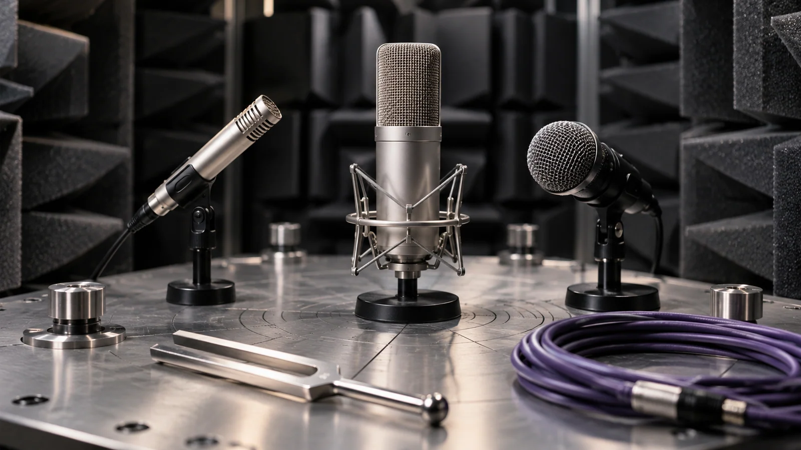 Three microphones in an acoustic test chamber with a tuning fork.