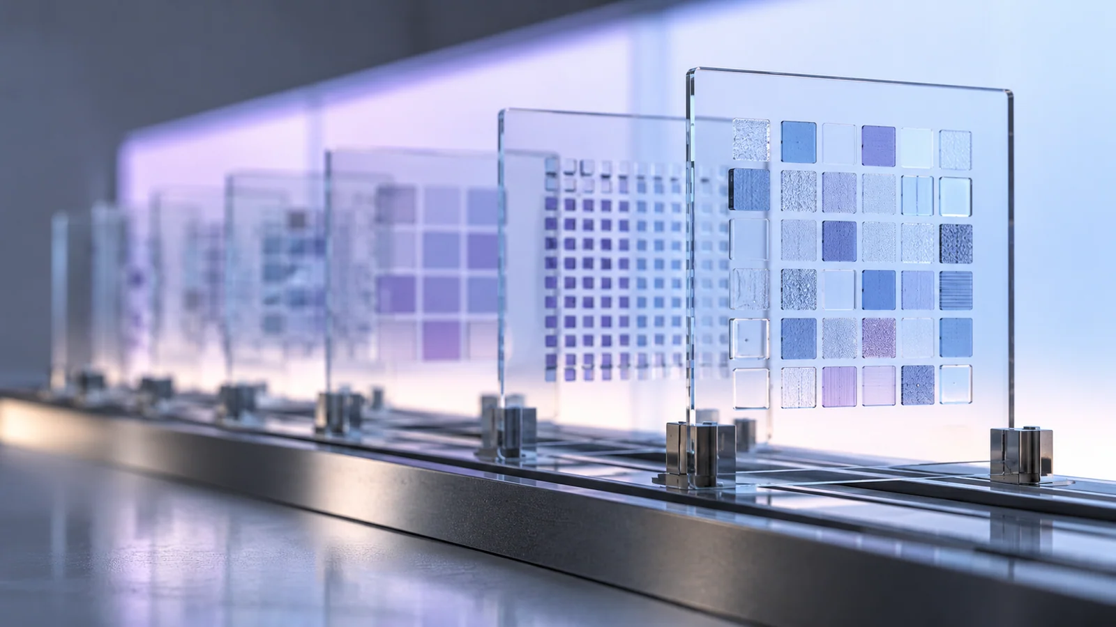 Layered glass panels with grid patterns representing sequential interface frames.